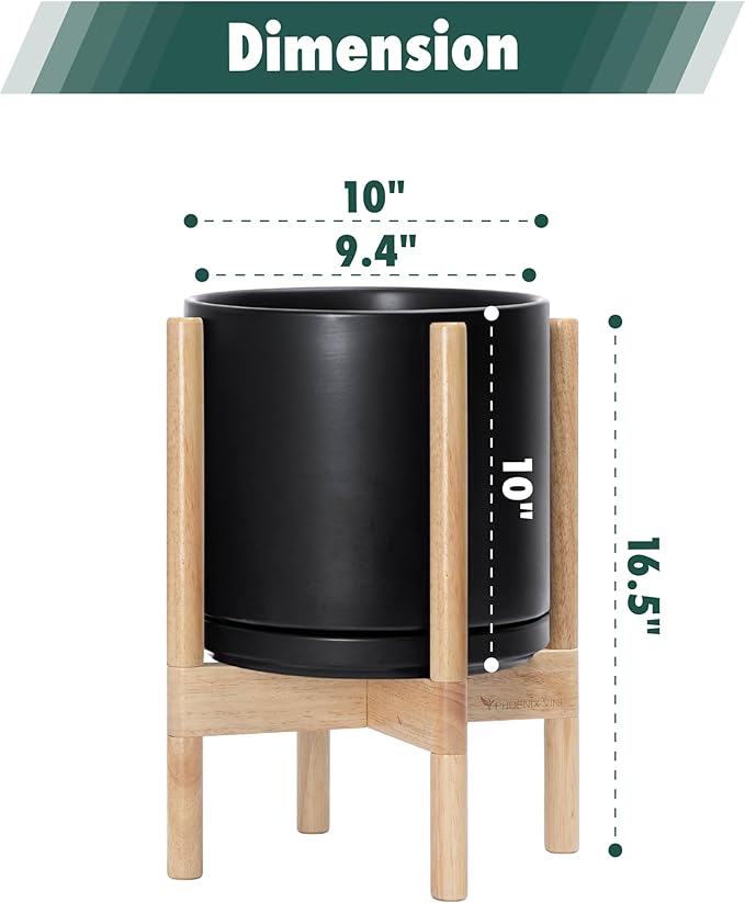 D'vine Dev Ceramic Planter with Natural Stand - 10 Inch Modern Round Flower Pot with Wood Planter Holder, Black, 55-B-K-2