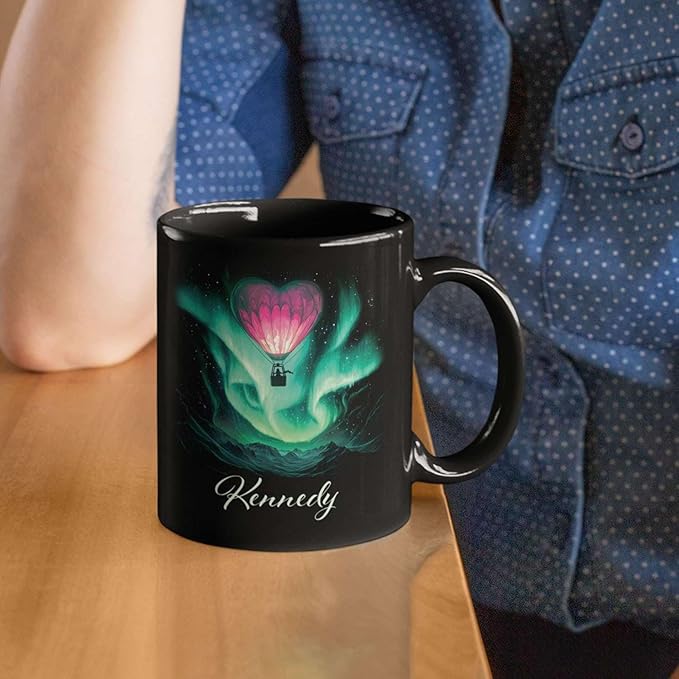 Customized Name Coffee Cup, Custom Hot Air Balloon Mug With Heart-Shaped, Personalized Northern Lights Ceramic Mug, Gift For Couples On Valentine's Day, Love Black Cup 11oz Or 15oz