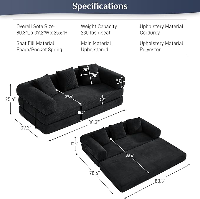 Convertible Sleeper Sofa Bed with Pillow, 4-in-1 Corduroy Folding Mattress Couch with Fixed-Shape Frame, Futon Fold Out Floor Sofa Cama Lounge Couch for Living Room Bedroom Studio, Black