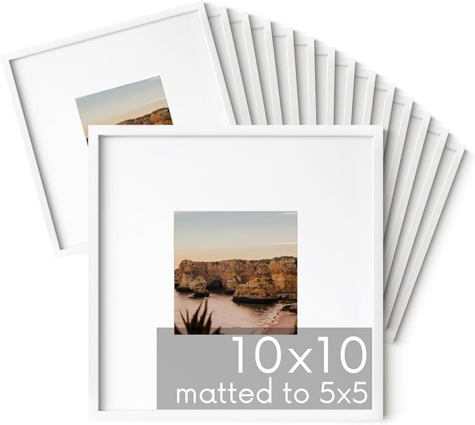 HAUS AND HUES 10x10 White Metal Picture Frames Matted to 5x5 - Features Premium Aluminum & Hanging Hardware, Shatterproof Plexiglass - Ideal for Home, Room, Office (10x10 in, White, Set of 15)