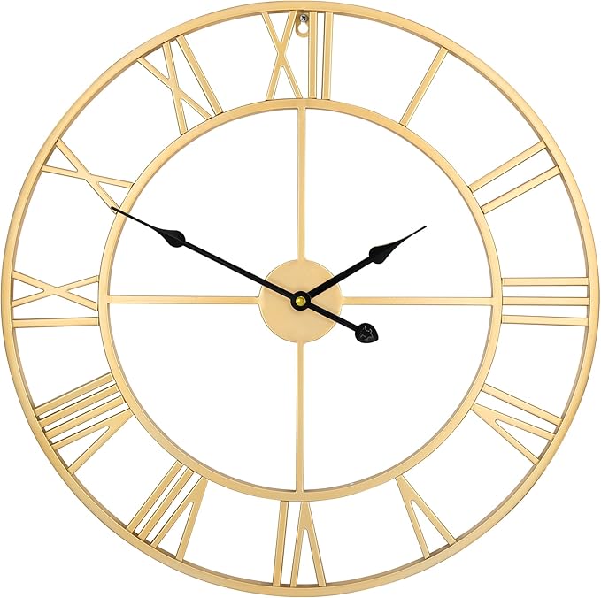 LEIKE Large Modern Wall Clocks,18" Gold Metal,Rustic,Round,Silent Non Ticking,Battery Operated Roman Numerals Clock for Living Room/Bedroom/Kitchen Wall Decor-(Gold, 47cm)