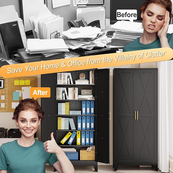 75" Tall Metal Kitchen Pantry Storage Cabinet, Freestanding Cupboard with 2 Doors and 5 Adjustable Shelves, Standing Storage for Kitchen, Bathroom, Garage, Dinning Room or Utility Room（Black）