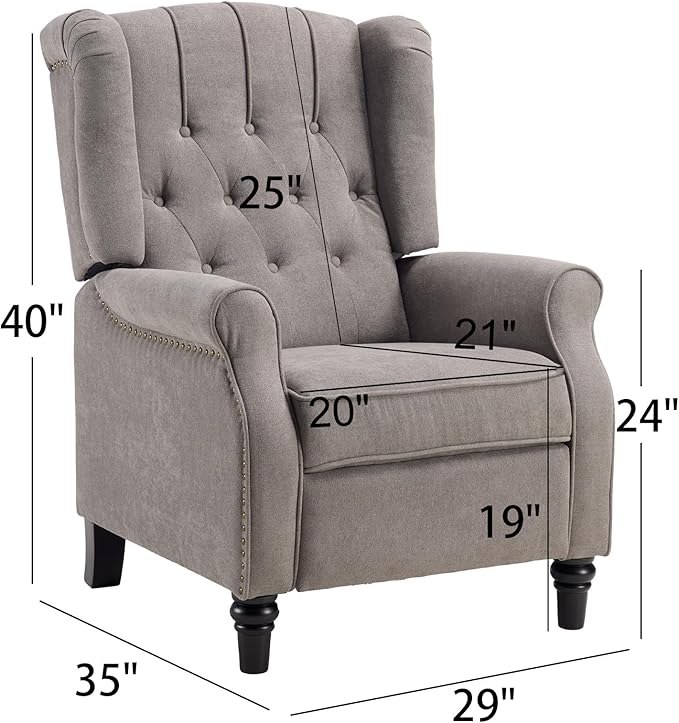CANMOV Push Back Recliner Chair Set of 2, Modern Fabric Wingback Recliner Chair, Comfy Armchair Single Sofa Accent Chair with Padded Seat and Nailhead Trim, Tufted, Grey