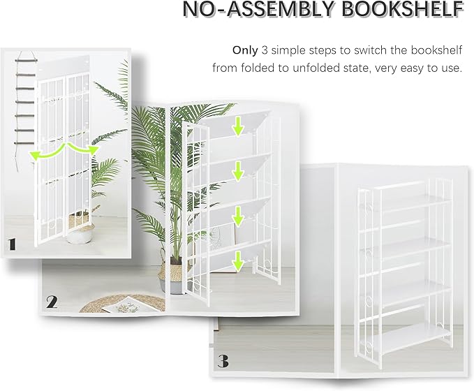 4NM No Assembly 4 Tiers Folding Bookshelf, 47.2" H Foldable Storage Shelves Vintage Bookcase Standing Racks Study Organizer Home Office - All White