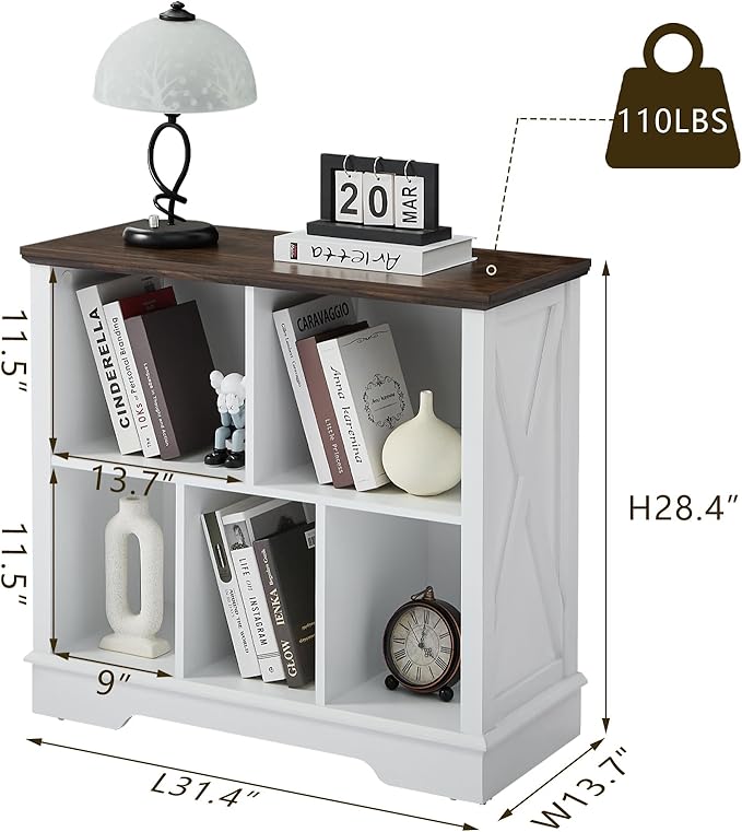 Farmhouse 5 Cube Bookshelf, White Storage Organizer Bookcase, Kids Toy Storage Cabinet, Small Bookshelves Storage Organizer Shelf, Wood Display Cabinet Book Shelves for Bedroom,Living Room,Office