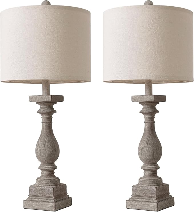BOBOMOMO 27" Farmhouse Table Lamps with USB-A +C Ports, Vintage Rustic Lamps for Living Room, Linen Shade, Retro Side Table Lamps Set of 2 for Living Room,Bedroom,Night Stands,Office, Home Decor