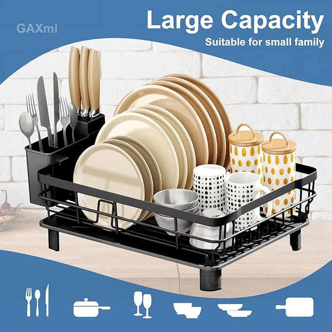 GAXmi Dish Drying Rack Over The Sink Drainer with Drainboard Utensil Holder, 1-Tier Black