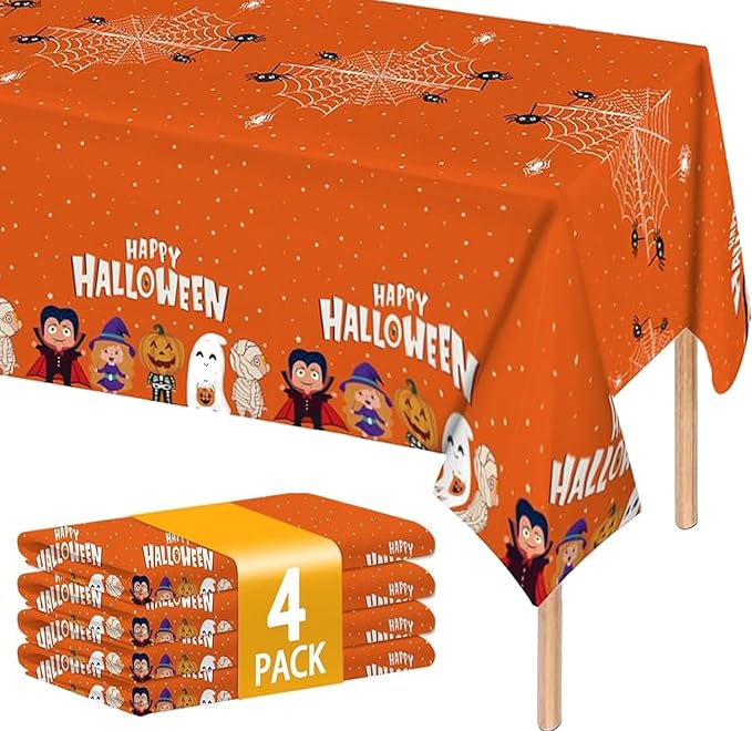 ATFUNSHOP 4 Packs Halloween Tablecloth Disposable Table Cover 54X108 Halloween Decorations KidsBirthday Party Decor, Spooky Spider Web Waterproof Spillproof Table Cloth - Perfect for Dinner