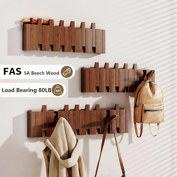 Wall Mounted Piano Key Hanger | Flip Style Hook | Entrance Wall Art Hook, Made of Oak Wood (3 Times Painted, 4 Times Polished) (Walnut, 10Hooks)
