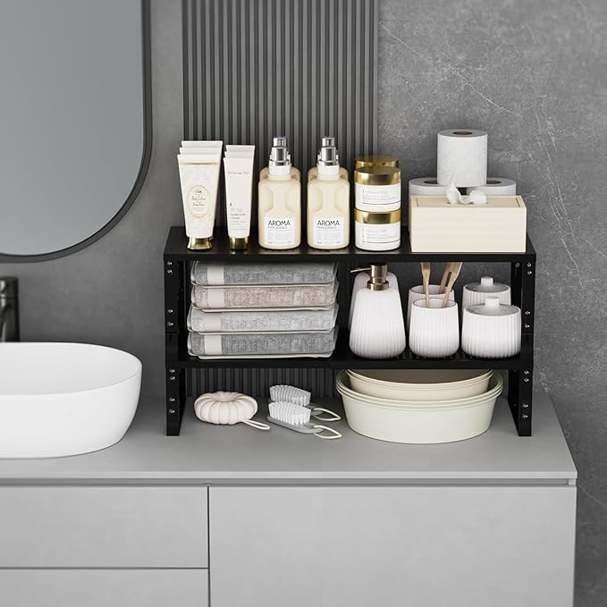 Expandable Spice Rack,Stackable Storage for Cabinet, Multi-Functional Kitchen Shelving,Height-Adjustable,Sustainable Organizer Solution(2Packs/Black/Large)