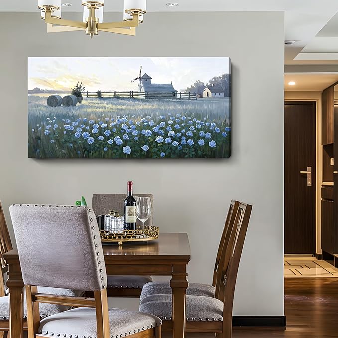 amatop Large Rustic Canvas Wall Art – Farmhouse Blue Rose and Windmill Landscape Picture, Nature Country Floral Sunset Wall Decor for Living Room Bedroom, Countryside Botanical Artwork Print 48x24 Inch