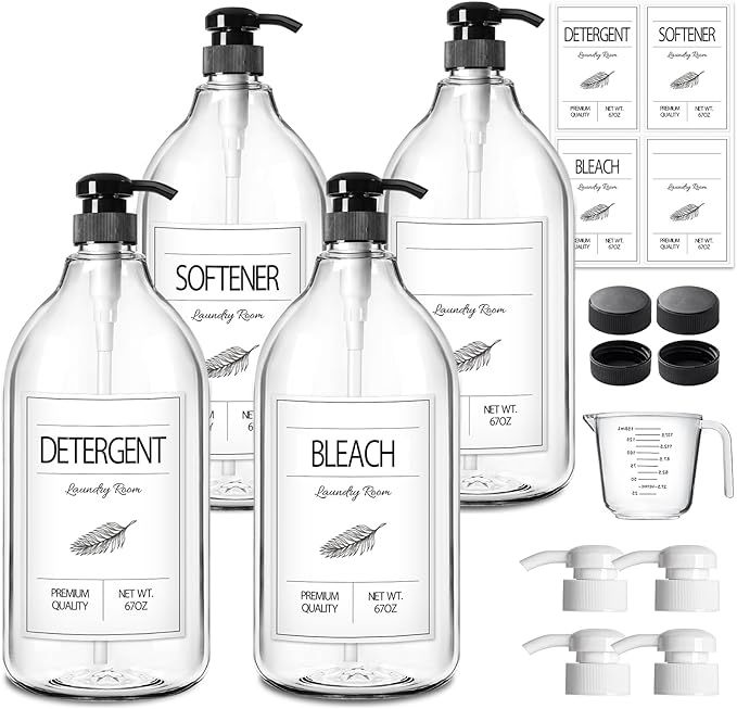 GMISUN Laundry Detergent Soap Dispenser, Liquid Laundry Detergent Dispenser, Container for Farmhouse Room Decor, Organizer for Liquid DetergentSoftenerBleach Storage Bottle(64 Oz Set of 4)
