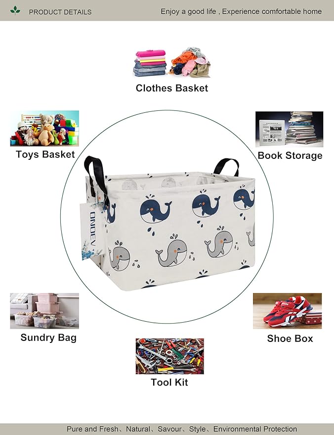 Rectangular Folding Laundry Basket,Canvas Basket,Nersury Hamper,Suitable for Children,Office,Bedroom,Clothes,Toys Storage (REC whale), 14.9’’L ×10.2’’W×9.05’’H inches