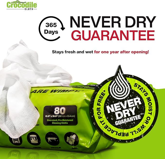 Crocodile Cloth PowerScrub - 80 Dual Surfaced Cloths, 10in X 15in. Large, Moist, Absorbent and Disposable Cleaning Cloths. Safe on Skin and Multiple Surfaces. (6500-080)