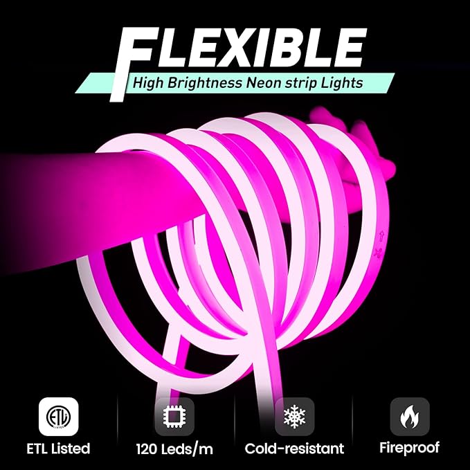 GZBtech Flexible LED Neon Rope Lights 16.4FT,AC 110-120V Waterproof Strip Light, 120LEDs/M Cuttable Connectable Neon Lighting for Indoor Outdoor Home Decor/Commercial Building Use-Pink 5M