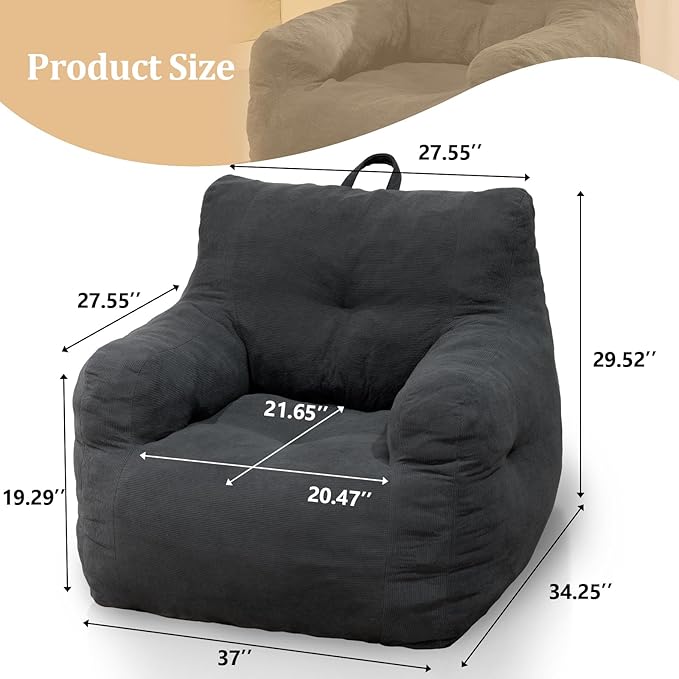 Bean Bag Chairs for Adults Ergonomic Support Reading Floor Sofa Chair with Filler Spacious (Grey) (Standard)