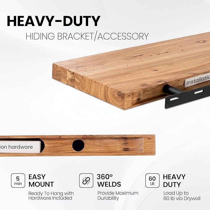 Fun Memories Floating Shelves for Wall, 72"x9.3" Rustic Solid Elm Wood Shelves, Heavy-Duty Wall Mounted Shelves with Invisible Brackets for Living Room, Bedroom, Kitchen, Natural Finish