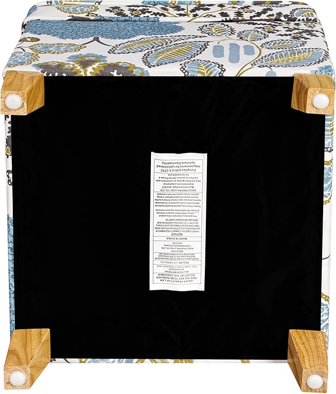 Adeco 18 Inch High Cube Ottoman Storage, Linen Chair Foot Stools, Upholstered Vanity Stool with Hinged Lid, Solid Wood Legs (Blue Leaves)