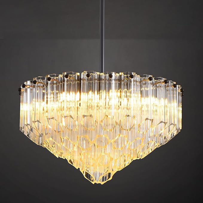 Modern Clear Glass Chandelier, 14" Round Crystal Dining Room Chandelier, Small Black Pendant Light Hanging Fixture for Bedroom, Kitchen Island Light Dimmable Ceiling Lighting Chandeliers for Bathroom