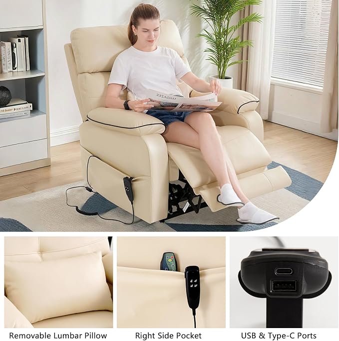 Dual Motor Power Lift Recliner Chair for Adult & Elderly, Infinite Position Lay Flat Lift Chair with Heat & Massage, Cup Holder, Lumbar Pillow, Wireless Charger, USB Ports, Leather (Beige)