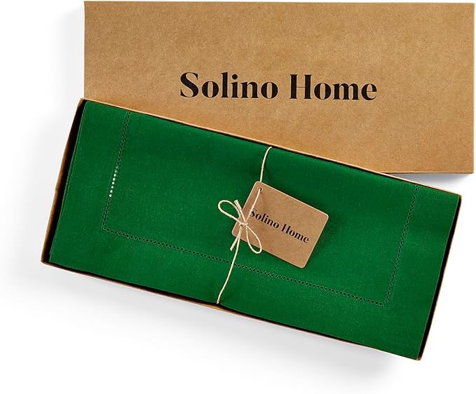 Solino Home Linen Garden Green Table Runner 90 Inches Long - 100% Pure Linen Hemstitch 14 x 90 Inch Table Runner for Dining - Classic Hemstitch