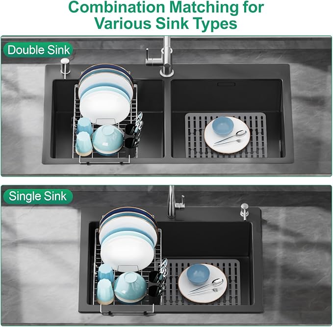 GSlife Expandable Dish Drying Rack - Stainless Steel Capacity Adjustable Over The Sink Rack (10.8''-17.9'') with Sink Mat, Dish Drainer for Kitchen Sink Counter with Utensil Holder, Silver