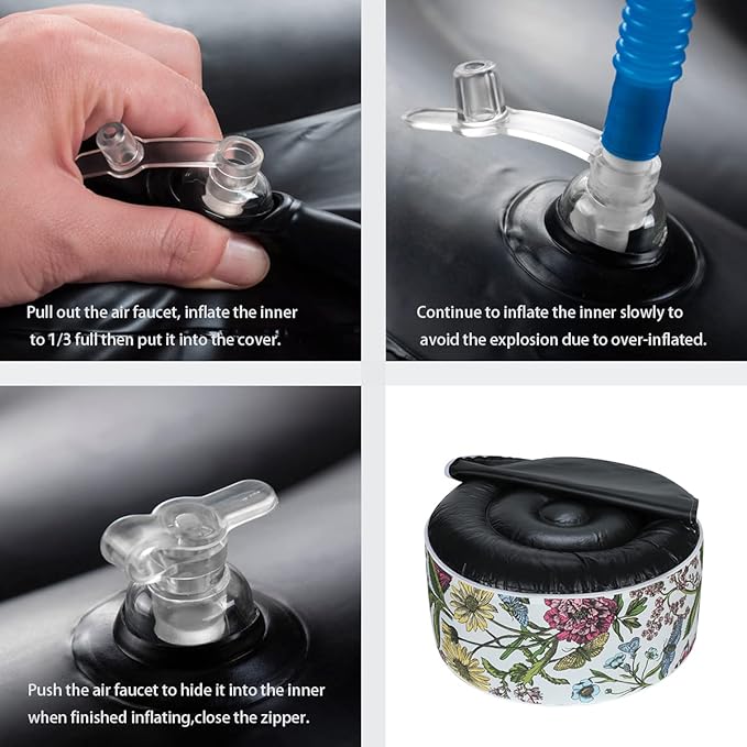 FUNHOME Inflatable Outdoor Ottoman with Air Pump,20"x9" Portable Patio Pouf,Water Resistant,Fade-Resistant,Round Blow Up Footrest Stools for Home Garden Camping Travel(Butterfly Flower)