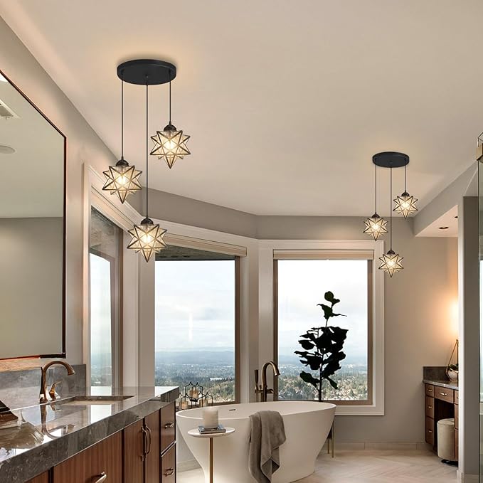 Farmhouse Glam Chandelier with Glass Star Pendants Light Fixture Elegant Ceiling Hanging Lights Included Warm Light Bulbs Black