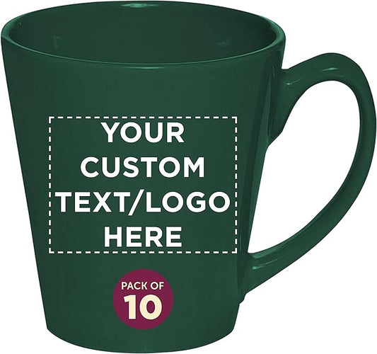 DISCOUNT PROMOS Custom Glossy Ceramic Latte Coffee Mug 12 oz. Set of 10, Personalized Bulk Pack - Perfect for Tea, Espresso, Cappuccino, Hot Cocoa - Green