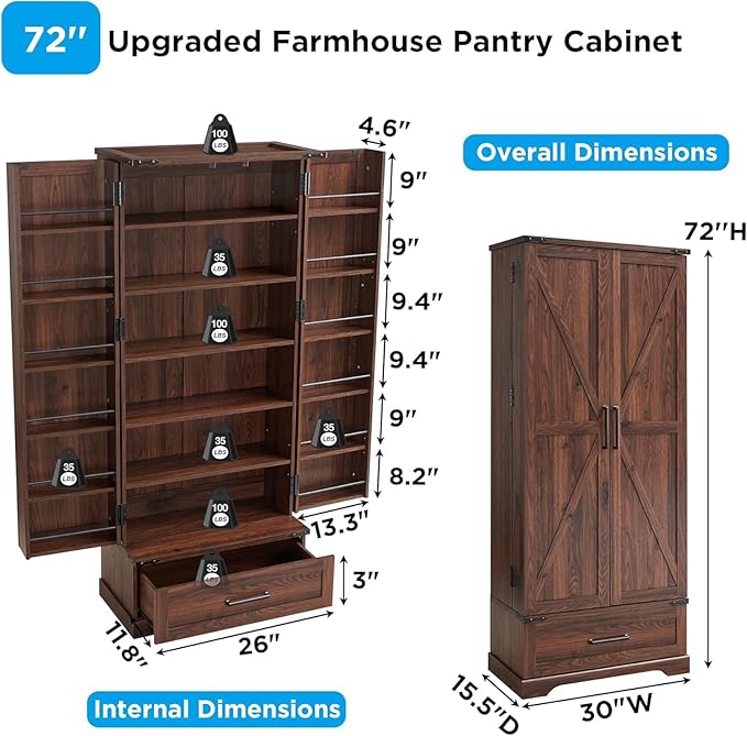 72‘’ Farmhouse Kitchen Pantry Cabinet with Drawer, Tall Storage Cabinet with 2 Barn Doors and Shelves, Versatile Large Rustic for Dining Room, Bathroom, Living Room, Laudry, Brown