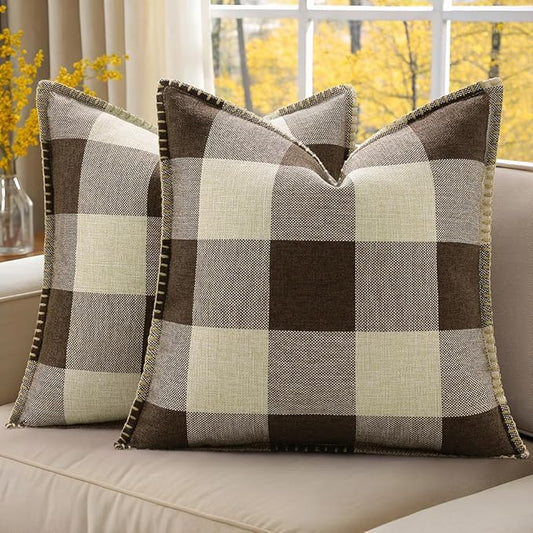 decorUhome Buffalo Plaid Check Throw Pillow Covers 20x20 Set of 2, Outdoor Decorative Farmhouse Neutral Pillow Covers with Stitched Edge for Bed Couch Sofa, Brown and Beige
