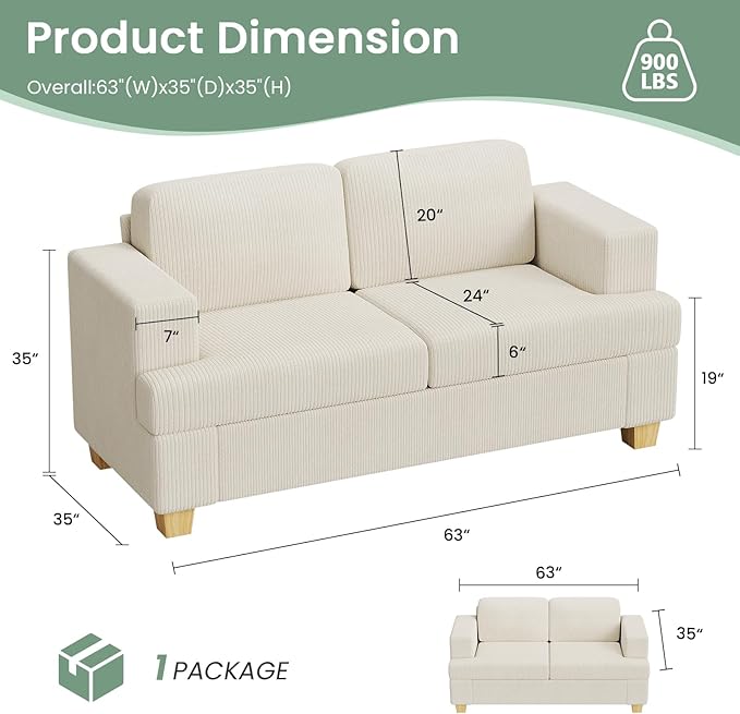 3 Pieces Corduroy Couch Set for Living Room, 3 Seater & Loveset*2 Cloud Sofa, Deep Seat Floor Couch for Bedroom, Futon Modern Sofa Bed, White Corduroy