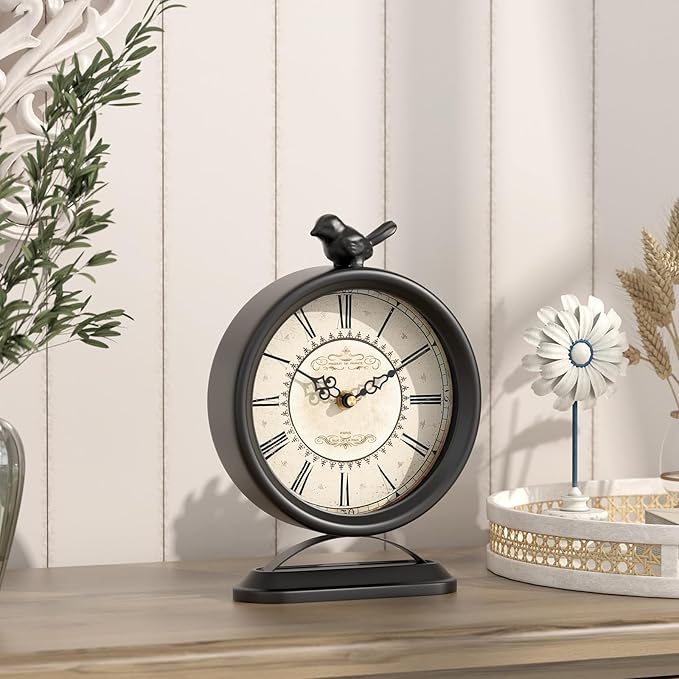 Vintage Table Clock with Bird, European Antique Style Black Mantel Clocks, Desk and Shelf Decor Clock, for Farmhouse, Bedside, Living Room, Bedroom, Gift (9" H x 6.5" W)