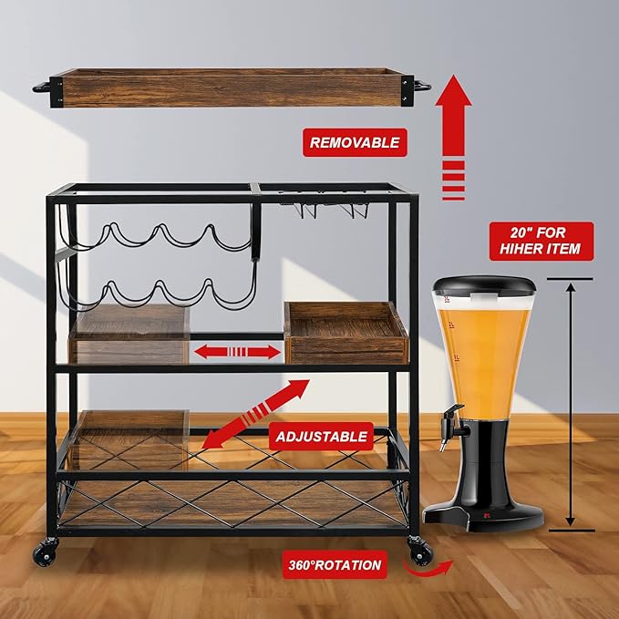 Bar Cart for The Home, 3 Tire Industrial Rolling Serving Cart on Lockable Wheels, Alcoholic Beverage Trolley with 2 Removable Trays, Wine Rack and Glass Holder for Indoor, Outdoor