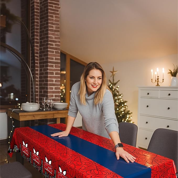 4Pcs 2in1 Spider Birthday Decorations Tablecloths, 54" x 108" Super Hero Spider Table Cloth Disposable Rectangle Plastic Table Cover for Boys Birthday Party Supplies