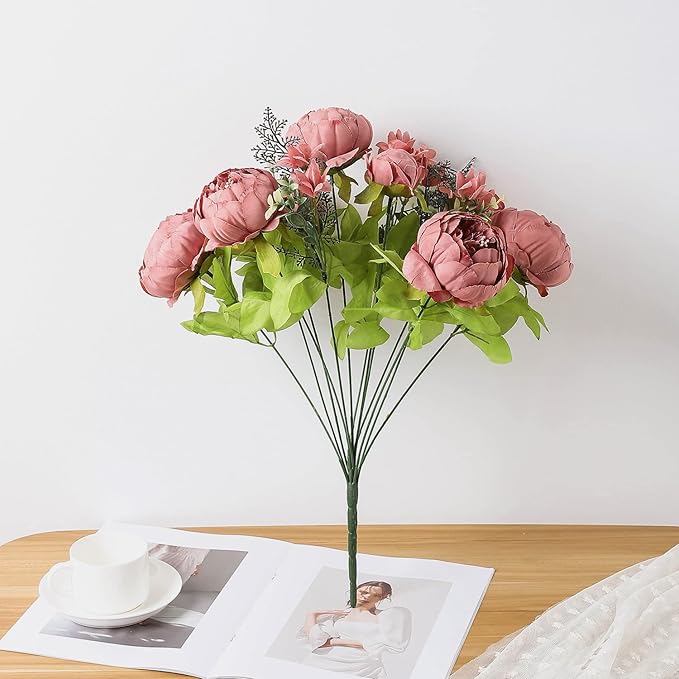 Duovlo Artificial Peony Silk Flowers Fake Flowers Vintage Wedding Home Decoration,Pack of 1 (Rosy Brown)