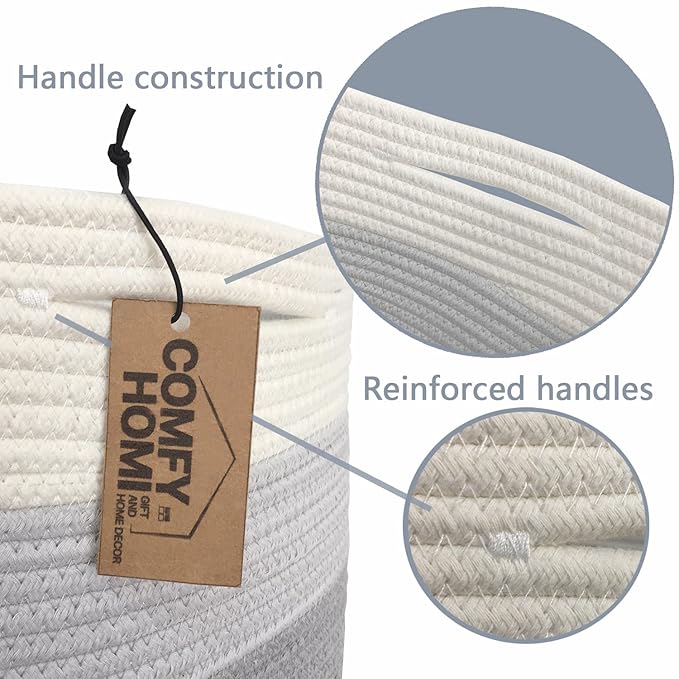 COMFY-HOMI Cotton Rope Woven Basket with Handles for Shelves,Toys,Book, Cloth Storage Baskets Bin for Organizing-13.5"x11"x9.5" Toy Decorative Organizer for Living Room, Bathroom-White/3Tone Grey