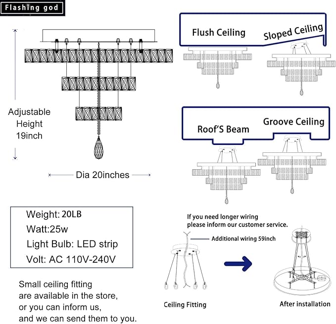 Flashing God 20" Crystal Chandelier Crystal LED Flush Mount Chandeliers for Living Room Bedrooms Dining Room Modern Chrome Chandelier Lighting Dimmable 2700k 4500k 6000k