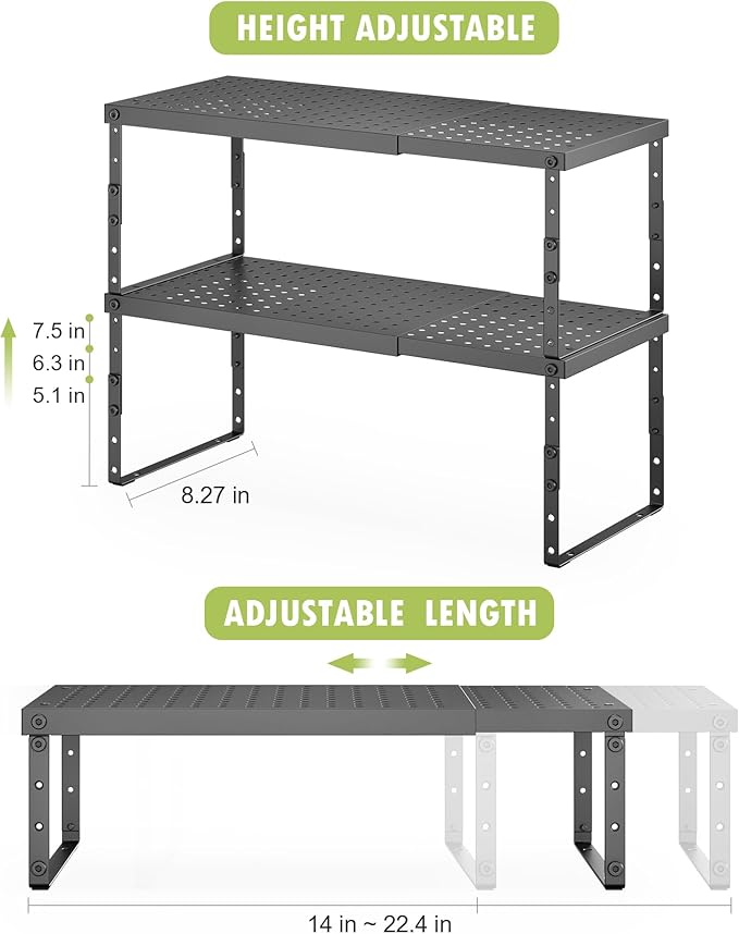 Expandable Cabinet Organizer Shelf With Adjustable Height, Stackable Kitchen Countertop Organizer Rack, Adjustable Shelf Riser For Kitchen Counter, Pantry, Cupboard, Desk, Tabletop