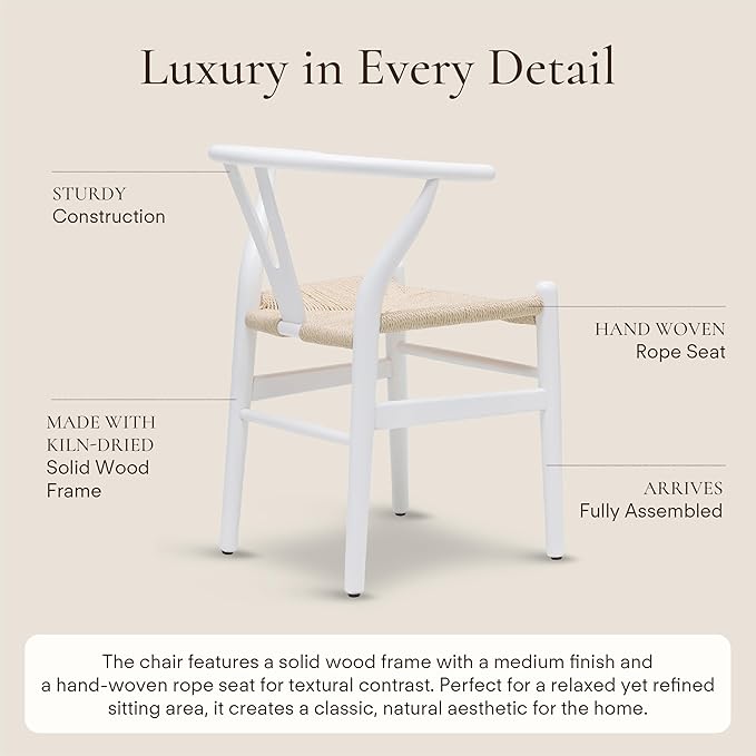 POLY & BARK Weave Dining Chair – Mid-Century Modern Wishbone Dining Chair with Arms, Solid Wood Frame, Indoor Use – White – Single - Ideal for Dining Room, Kitchen or Stylish Accent Setting