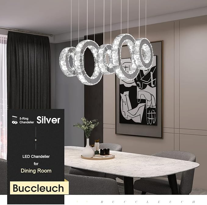 Buccleuch Modern Crystal Chandelier, Dimmable LED Ceiling Light Fixture 5-Ring Adjustable Stainless Steel Pendant Light, Silver Crystal Chandeliers for Dining Room, Bedroom, Living Room - Cool White