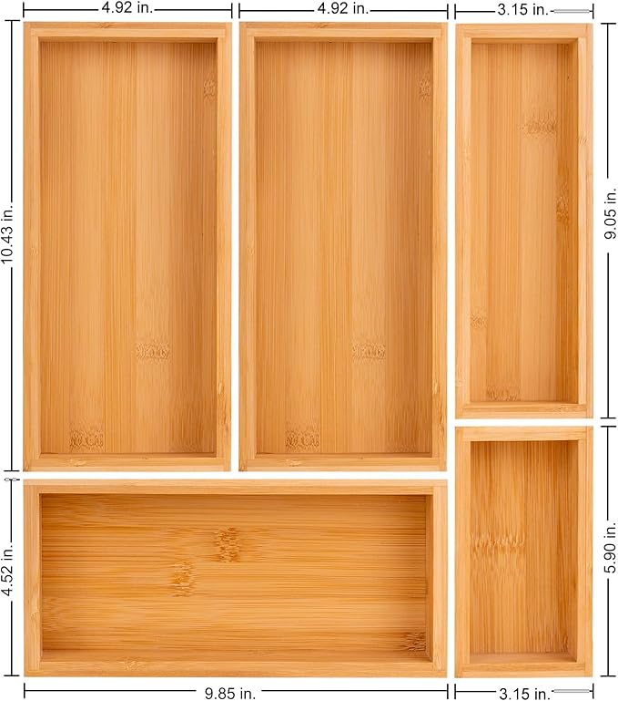 bamboo drawer organizer Set，expandable drawer dividers,wooden storage organizers,large trays for kitchen, bathroom,flatware,Tea Bag Organizer (2 X 5PCS Natural)