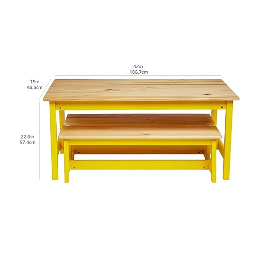 Amazon Basics Indoor Kids Table and Bench Set, Natural, solid pine wood, 3 Count (Pack of 1), Wood Activity Table for Art, Craft, Reading, Learning
