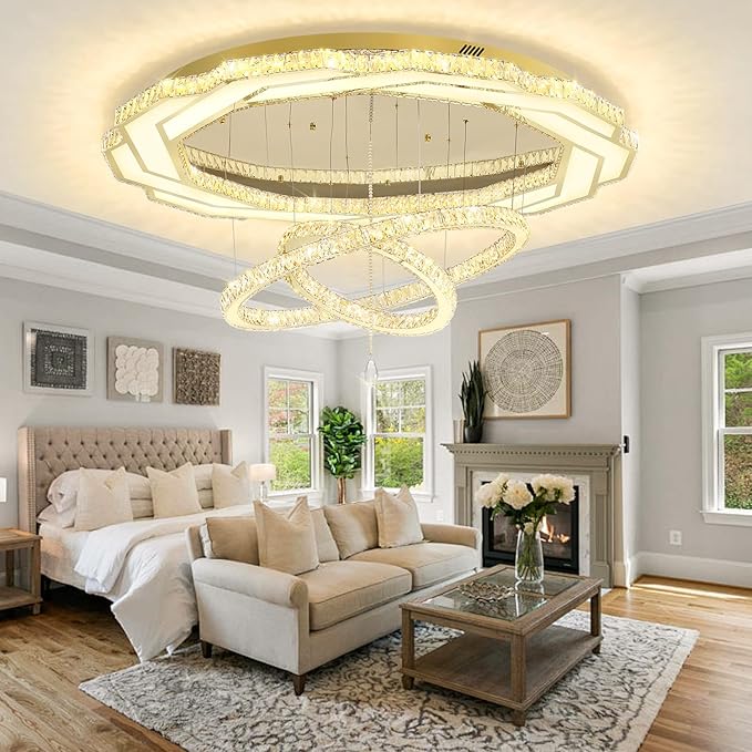 Flashing God Extra Large Chandelier Dia 55" Gold Chandeliers Flush Mount Chandelier for Living Room Bedroom Dining Room Hallway Dimmable 3 Rings Chandeliers