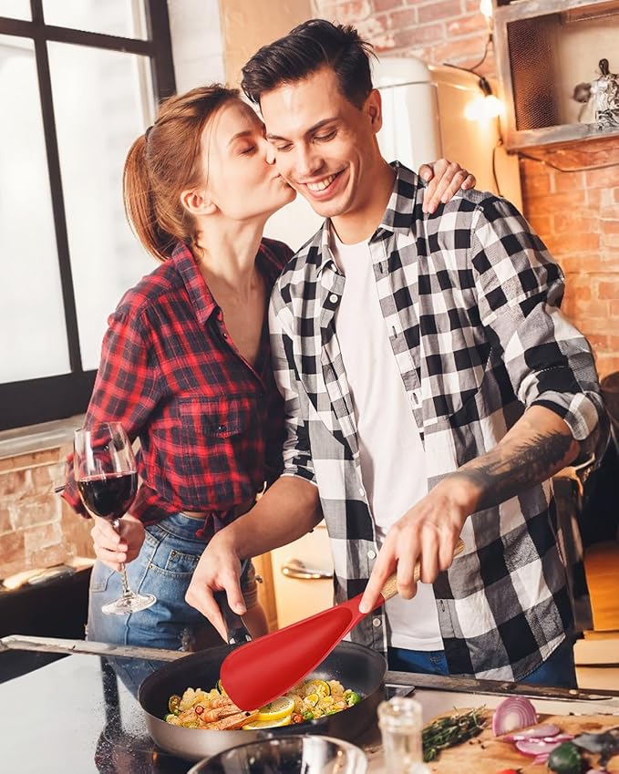 Cooking Spoon and Scraper for Nonstick Cookwares, Great for Cooking and Serving Durable BPA-Free Matte Silicone, Wood Handle Multifunction Spoon for Mixing, Scoop, and Scrape (RED)