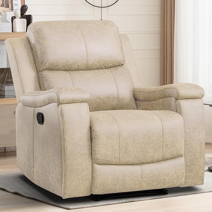 EBELLO Recliner Chair, Single Overstuffed Sofa Recliner, Breathable Faux Leather Manual Reclining Chairs with Hidden Cup Holder, Arm and Back for Adults, Living Room, Bedroom, Beige