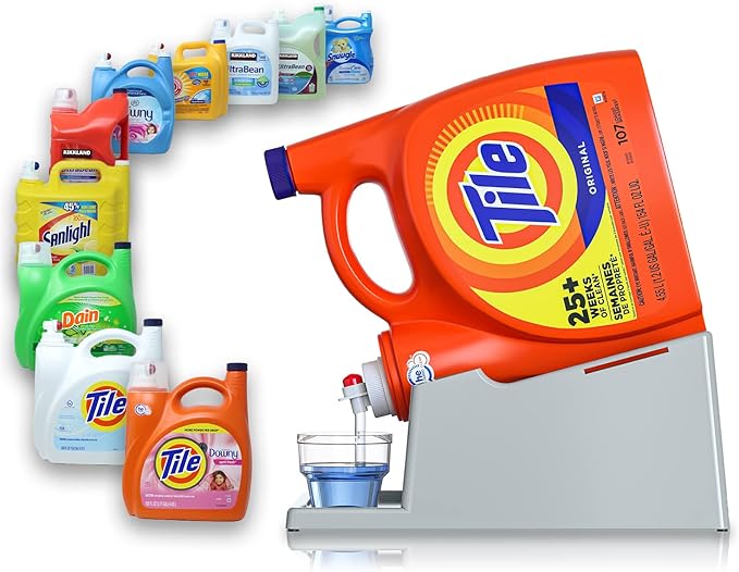 TidyFriend Liquid Laundry Detergent Holder Stand with Drip Tray & Rubber-Grip Feet, Stand for Laundry Room Organization and Storage, Fabric Softener Dispenser with Cup Holder for Easy Pouring (Grey)