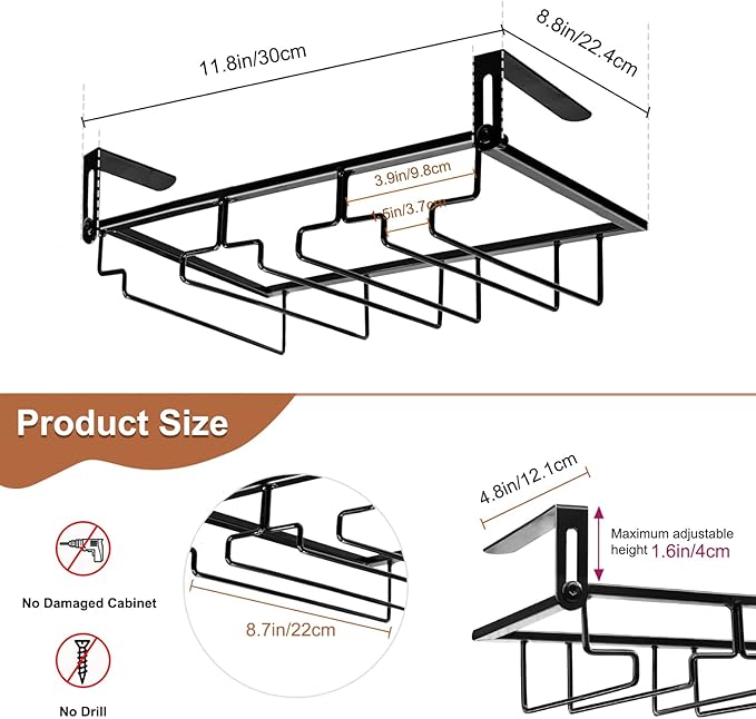 AUHOKY 2Pcs Adjustable Wine Glass Rack Under Cabinet, Punch-Free 3 Rows Stemware Metal Holder, Hanging Glass Storage Hanger Organizer for Shelf Kitchen Bar Decor (3 Rows, Black)