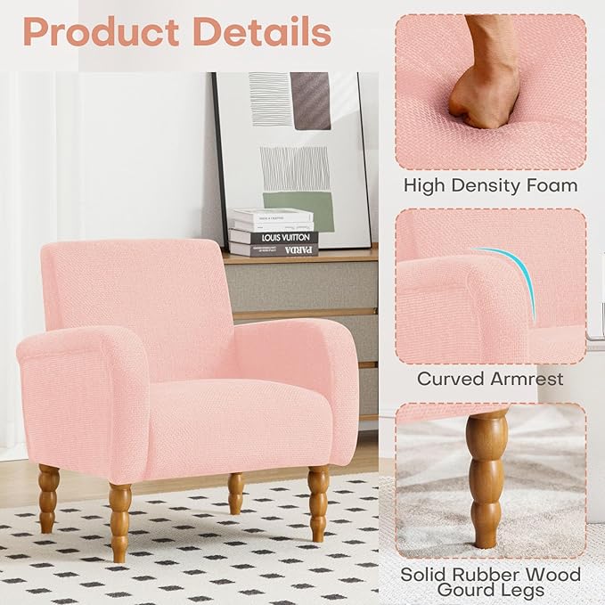 Chenille Fabric Accent Chair Set of 2, Upholstered Armchair with Solid Wood Legs, Modern Living Room Accent Chair, Comfy Single Sofa Chair Reading Club Chair for Bedroom Reception Lounge,Pink