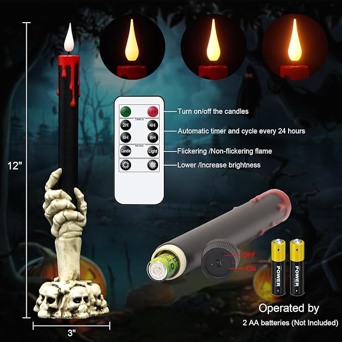 GenSwin Halloween Black Taper Flameless Candles with Ghost Hand Candlesticks and Remote Timer, 2 Pcs Battery Operated Taper Candles with Holder and 3D Flame for Halloween Decor